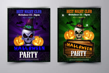 Halloween party flyer set with pumpkins, skull, hat, bats spiders and wooden board vector vector.のイラスト素材
