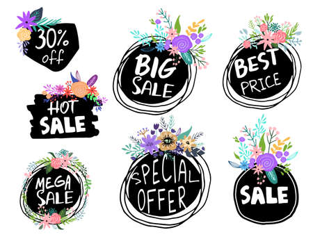 Hot Deal. Hand drawn word tag set. Brush pen lettering with flowers Can be used for print bags, posters, cards, stationery and for web banners, advertisement .のイラスト素材