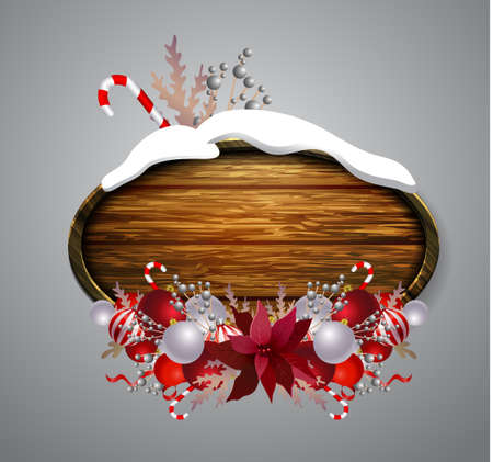 Vector realistic illustration of wooden christmas board set with christmas tree and decorationsのイラスト素材