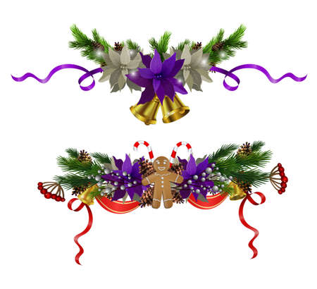 Christmas decoration set with poinsettia and gingerbread man isolated vectorのイラスト素材