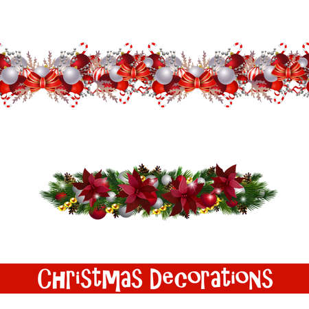 Vector seamless Christmas Border with Christmas decorations collection isolated on whiteのイラスト素材