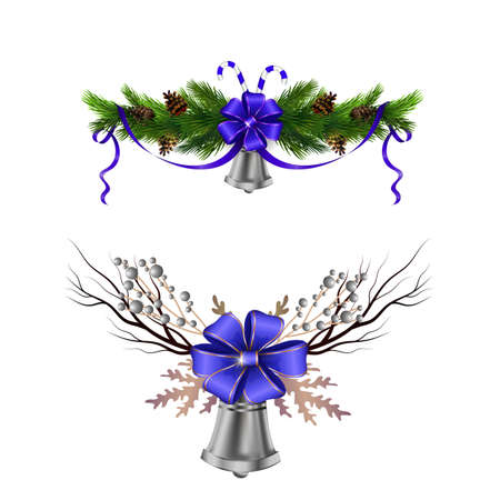 Christmas decoration set with evergreen treess pine cones and poinsettia isolated vectorのイラスト素材