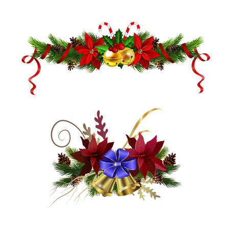 Christmas decoration set with evergreen treess pine cones and poinsettia isolated vectorのイラスト素材