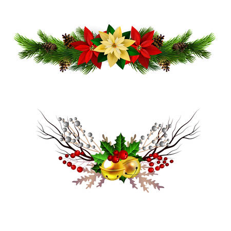 Christmas decoration set with evergreen treess pine cones and poinsettia isolated vectorのイラスト素材