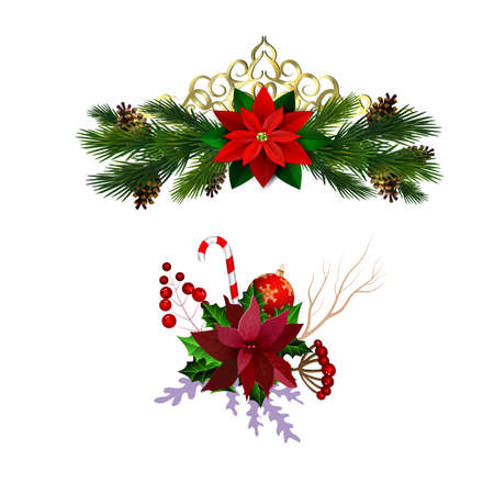 Christmas decoration set with evergreen treess pine cones and poinsettia isolated vectorのイラスト素材
