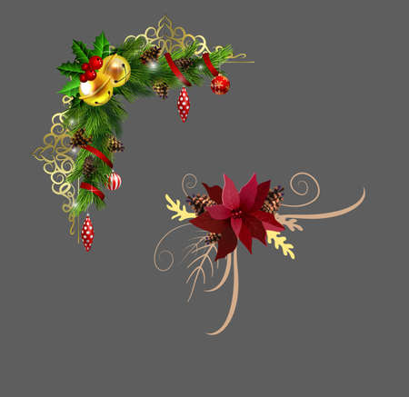Christmas decoration corner set with evergreen treess pine cones and poinsettia isolated vectorのイラスト素材