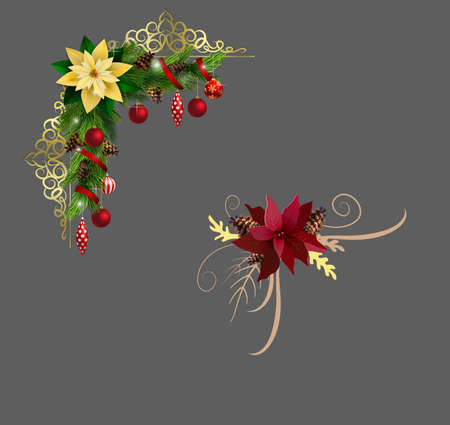 Christmas decoration corner set with evergreen treess pine cones and poinsettia isolated vectorのイラスト素材