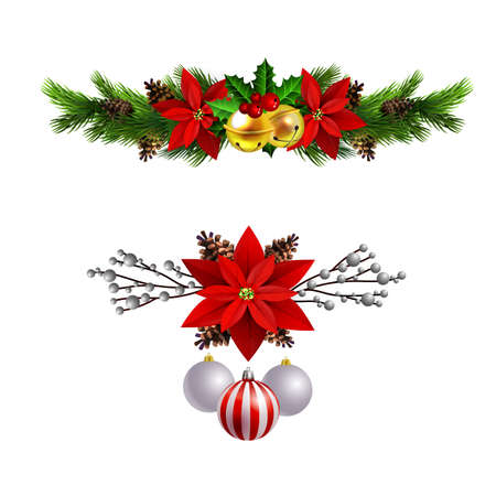 Christmas decoration set with evergreen treess pine cones and poinsettia isolated vectorのイラスト素材