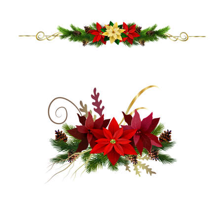 Christmas decoration set with evergreen treess pine cones and poinsettia isolated vectorのイラスト素材