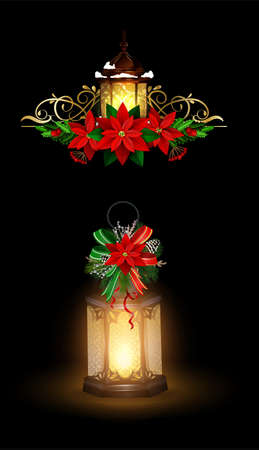 Christmas decoration set with street light and evergreen trees and golden bells vectorのイラスト素材