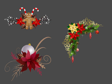Christmas decoration set with evergreen treess pine cones and poinsettia isolated vectorのイラスト素材