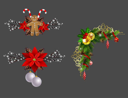 Christmas decoration set with evergreen treess pine cones and poinsettia isolated vectorのイラスト素材