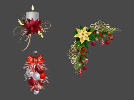 Christmas decoration set with evergreen treess pine cones and poinsettia isolated vectorのイラスト素材