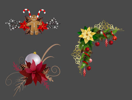 Christmas decoration set with evergreen treess pine cones and poinsettia isolated vectorのイラスト素材