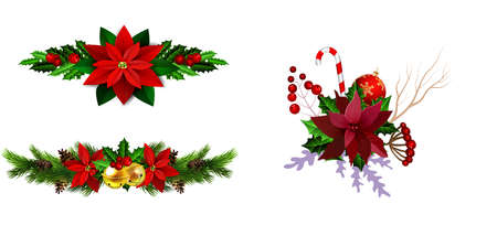 Christmas decoration set with evergreen treess pine cones and poinsettia isolated vectorのイラスト素材