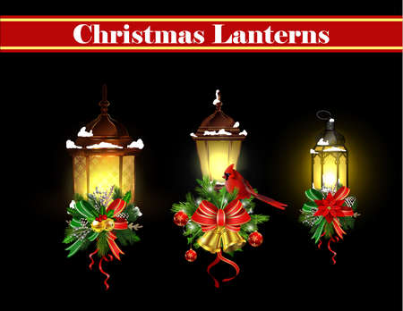Christmas decoration set with street light and evergreen trees and golden bells vectorのイラスト素材