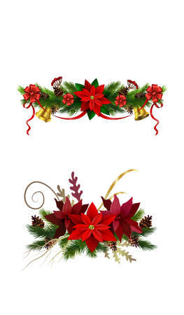 Christmas decoration set with evergreen treess pine cones and poinsettia isolated vectorのイラスト素材