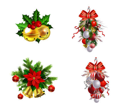 Christmas decoration set with evergreen treess pine cones and poinsettia isolated vectorのイラスト素材