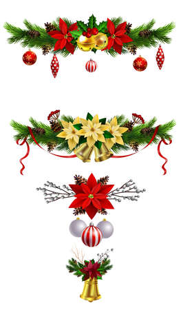 Christmas decoration set with evergreen treess pine cones and poinsettia isolated vectorのイラスト素材