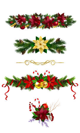 Christmas decoration set with evergreen treess pine cones and poinsettia isolated vectorのイラスト素材
