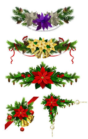 Christmas decoration set with evergreen treess pine cones and poinsettia isolated vectorのイラスト素材