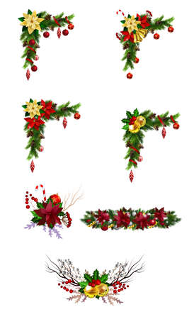 Christmas decoration set with evergreen treess pine cones and poinsettia isolated vectorのイラスト素材