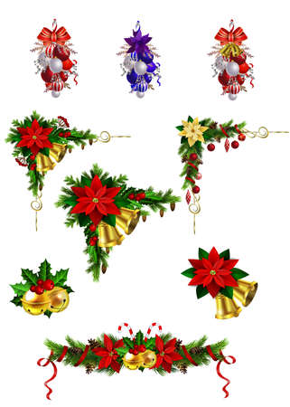 Christmas decoration set with evergreen treess pine cones and poinsettia isolated vectorのイラスト素材