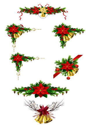 Christmas decoration set with evergreen treess pine cones and poinsettia isolated vectorのイラスト素材