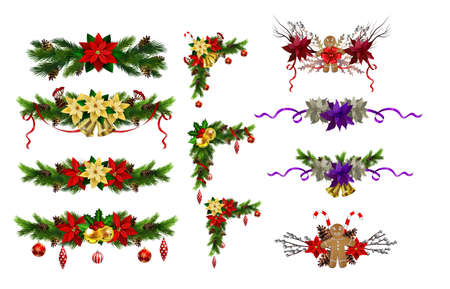 Christmas decoration set with evergreen treess pine cones and poinsettia isolated vectorのイラスト素材