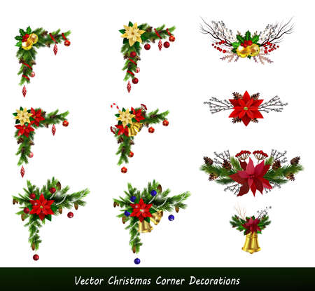Christmas decoration set with evergreen treess pine cones and poinsettia isolated vectorのイラスト素材