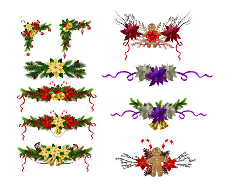 Christmas decoration set with evergreen treess pine cones and poinsettia isolated vectorのイラスト素材