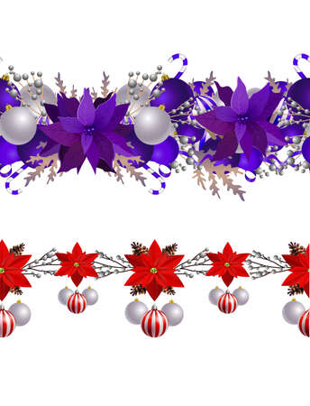 Christmas decoration collection with treess holly poinsettia Vector seamlessのイラスト素材