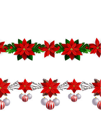 Christmas decoration collection with treess holly poinsettia Vector seamlessのイラスト素材