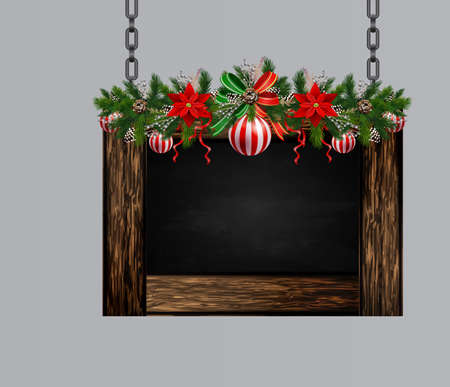 Vector realistic illustration of hanging wooden christmas board set with christmas tree and decorationsのイラスト素材