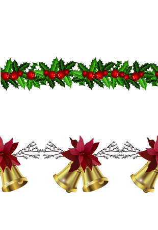 Christmas decoration collection with treess holly poinsettia Vector seamlessのイラスト素材