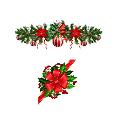 Christmas decoration set with evergreen treess pine cones and poinsettia isolated vectorのイラスト素材