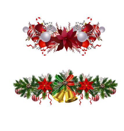Christmas decoration set with evergreen treess pine cones and poinsettia isolated vectorのイラスト素材