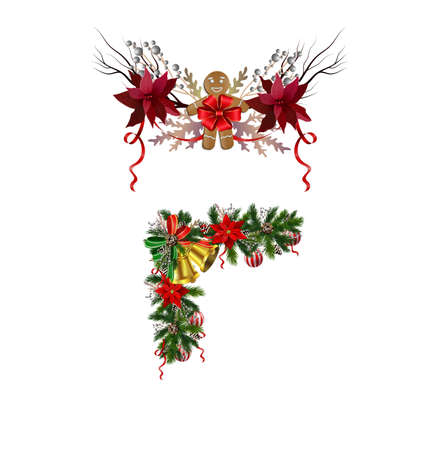 Christmas decoration set with evergreen treess pine cones and poinsettia isolated vectorのイラスト素材