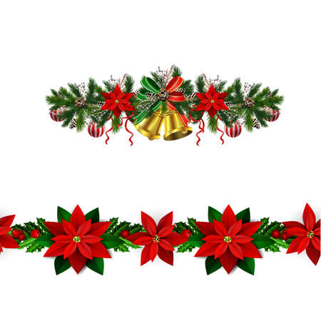 Christmas decoration set with evergreen treess pine cones and poinsettia seamless pattern isolated vectorのイラスト素材