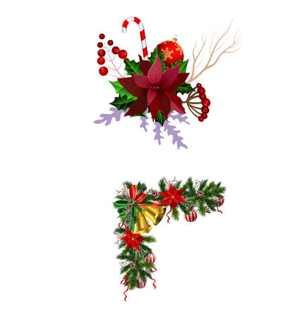 Christmas decoration set with evergreen treess pine cones and poinsettia isolated vectorのイラスト素材