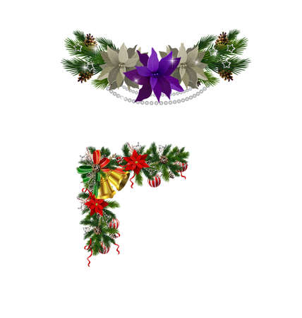 Christmas decoration set with evergreen treess pine cones and poinsettia isolated vectorのイラスト素材