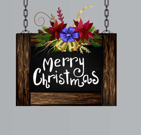 Vector realistic illustration of hanging wooden christmas board set with christmas greetings tree and decorationsのイラスト素材