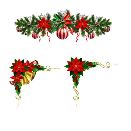 Christmas decoration set with evergreen treess pine cones and poinsettia isolated vectorのイラスト素材