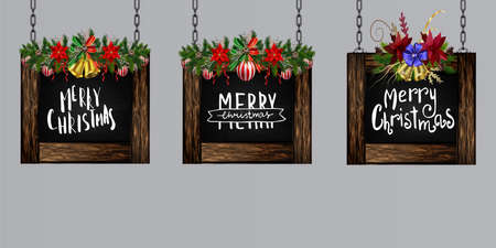 Vector realistic illustration of hanging wooden christmas board set with christmas greetings tree and decorationsのイラスト素材
