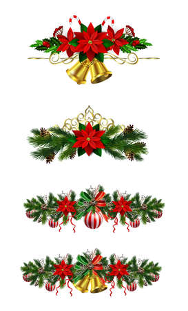 Christmas decoration set with evergreen treess pine cones and poinsettia isolated vectorのイラスト素材