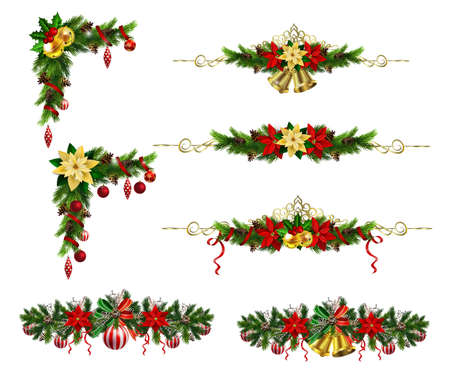 Christmas decoration set with evergreen treess pine cones and poinsettia isolated vectorのイラスト素材