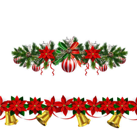 Christmas decoration set with evergreen treess pine cones and poinsettia seamless pattern isolated vectorのイラスト素材