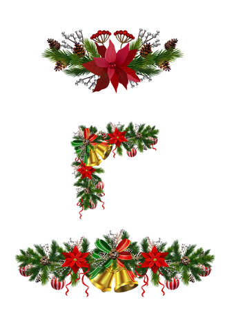 Christmas decoration set with evergreen treess pine cones and poinsettia isolated vectorのイラスト素材