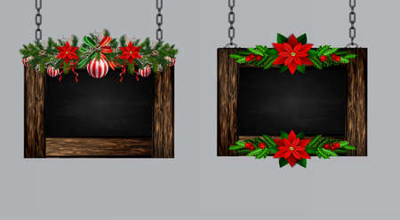 Vector realistic illustration of hanging wooden christmas board set with christmas tree and decorationsのイラスト素材
