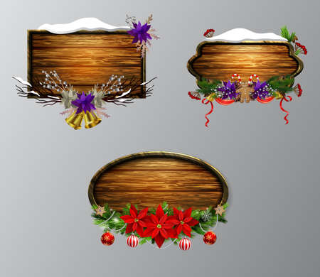 Vector realistic illustration of wooden christmas board set with christmas tree and decorationsのイラスト素材